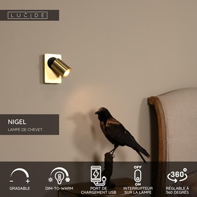 Lucide NIGEL - Lampe de chevet / Applique mural - LED Dim to warm - GU10 - 1x5W 2200K/3000K - Point de rechargement USB - Or Mat / Laiton